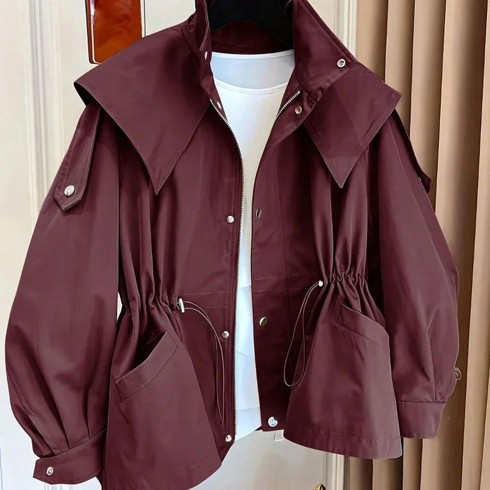 Burgundy Casual Women's Drawstring Pocket Front Button Trench Coat - Picture 3 of 5